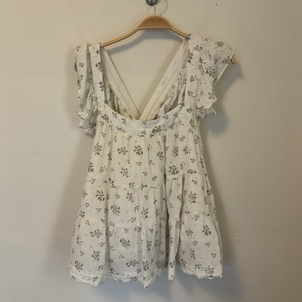 En Saison Tank Top Blouse Cream Coquette Floral Tiered Ruffle Large Cross Back